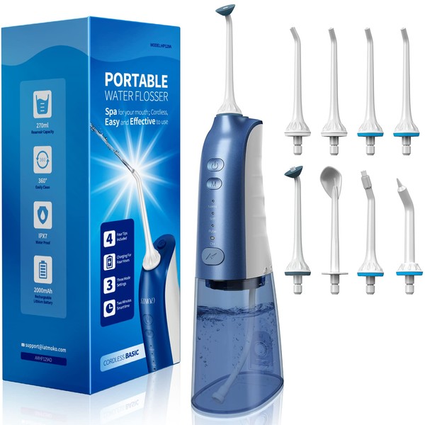 Water Flossers for Teeth, Cordless Water Flosser with 8 Jet Tips, Rechargeable Oral Irrigator Fast Charge 4 Hours Last 30 Days, IPX8 Waterproof with 3 Modes (Blue and White)