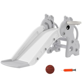Qaba Toddler Slide with Climber, Basketball Hoop and Ball, Indoor Kids Slide with Giraffe Design, Freestanding Playground Equipment for Age 1-3 Years, Gray