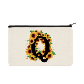 WIRESTER Canvas Zipper Makeup Bag, Cosmetic Pouch, Organizer Case for Women Girl, Multi-Purpose Travel Cosmetic Bag - Black Letter Q Alphabet Sunflowers