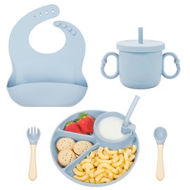 MIICASA Silicone Baby Feeding Set, Baby Led Weaning Supplies, Silicone Suction Plate, Bowl, Spoons, Fork, Waterproof Bib, Cup and Food Tableware, Eating Utensils Baby Feeding Essentials for 3+ Months