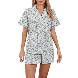 LUBOT 100% Cotton Women's Pajamas Set Button-Down Two-piece PJ Set Short Sleeve Printed Patterned Summer Sleepwear Loungewear (Green Floral, M)