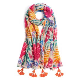 QIUTIMIY Scarf for Women Lightweight Soft Floral Printed Scarves Fall Winter Fashion Shawl Wrap with Fringe(Leaves-Orange Pink)