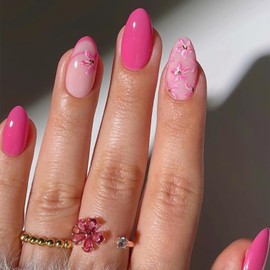 Flower Press on Nails Short Oval Fake Nails Hot Pink Acrylic Nails French Tip False Nails Cherry Blossom Daisy Glue on Nails Cute Artificial Stick on Nails for Women Spring Summer Nail Kit 24Pcs
