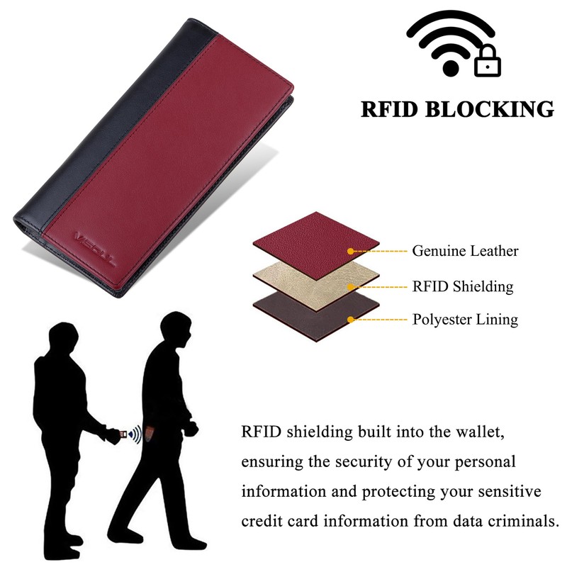 VISOUL Leather Long Checkbook Bi-fold Wallets with Zipper Pocket for