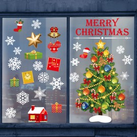 Merry Christmas Window Clings Static Xmas Window Glass Stickers Decorations, Christmas Tree Snowflake Farmhouse Window Stickers Vinyl Removable Decorations Xmas Party Supplies