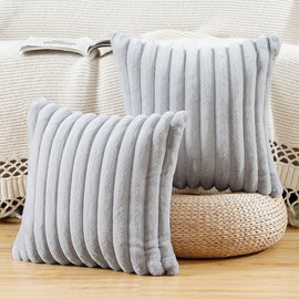 Madizz Set of 2 Faux Fur Plush Decorative Throw Pillow Covers 22x22 inch, 55x55 cm, Light Grey Fluffy Striped Soft Decorative Cushion Cover for Sofa Bedroom Pillow Shell