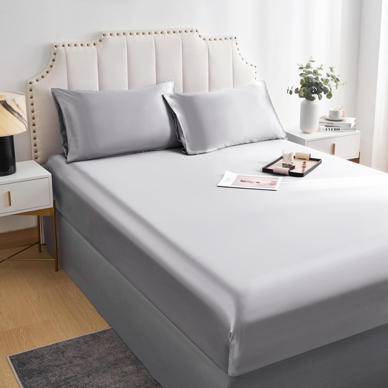 DuShow Satin Fitted Sheet King Sliver Grey,Silky Deep Pocket Satin