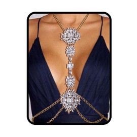 ELABEST Boho Rhinestone Statement Chest Chain Crystal Necklace Body Chain Summer Beach Body Jewelry Accessories for Women(White)