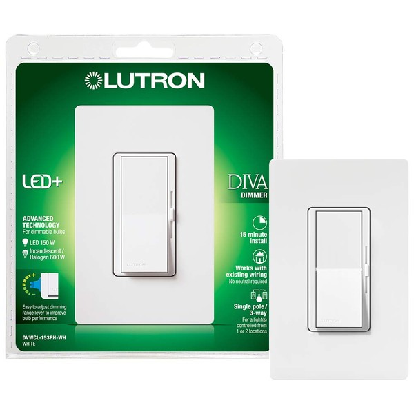 Lutron Diva LED+ Dimmer for Dimmable LED, Halogen and Incandescent Bulbs with Wallplate | 150W/Single-Pole or 3-Way | DVWCL-153PH-WH | White