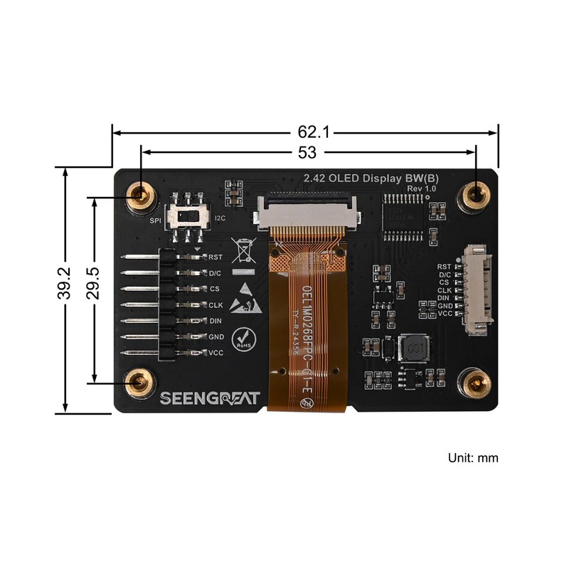 2.42inch OLED Display Module - 128x64 Resolution, SPI/I2C, Fits Raspberry