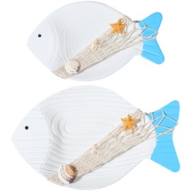 CREATCABIN 2pcs Wood Fish Nautical Beach Wall Decor Fish Hanging Wall Art Ocean Room Decor Nautical Handmade Home Decoration White Blue Net Wooden Vintage Indoor Ornament 7.87×4.72In/9.45×5.9In
