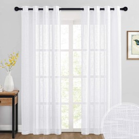 RYB HOME White Curtains Sheer - Linen Textured Farmhouse Semi Sheer Drapes Privacy Light Filtering Window Curtain 2 Panels Set for Bedroom Living Room Office, 52 x 90 inches Long