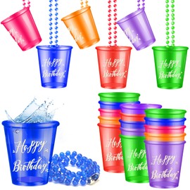 Shot glasses,Happy Birthday Shot Glass Necklace on Beaded Plastic Shot Necklace Cup Naughty Shot Glass Favors for Adults Teens Birthday Wedding Party Supplies,6 Styles (Multi Color)-24 PCS