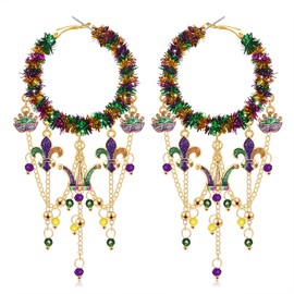 HZEYN Mardi Gras Earrings Glitter Sequins Hoop Earrings Mardi Gras Fleur De Lis Mask Crown Tassel Dangle Hoop Earrings Fat Tuesday Parade Outfit Accessories (Crown Mask)