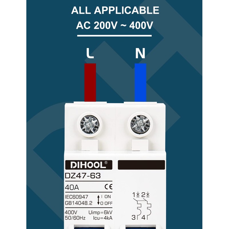 DIHOOL Miniature Circuit Breaker MCB, 2 Pole, 40Amp,230VAC,Type C