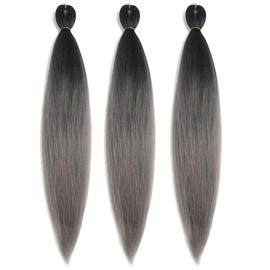 Pre Stretched Braiding Hair 26 Inch Ombre Red Kanekalon Braiding Hair Extensions Hot Water Setting Crochet Box Braids Hair (26 Inch (Pack of 3), Black-Dark Grey)