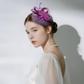 Viiotu Elegant Womens Wedding Fascinator Hat – Feather Mesh Flower Headpiece with Headband & Hair Clip, Stylish Bridal Party Tea Party Hat (Purple, OneSize)