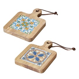 Felimoa Wooden Trivet, Retro Tile, Insulated, Easy Storage, Approximately 0.6 inch (1.5 cm), Set of 2