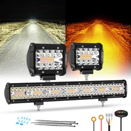 Auxbeam 4" LED Pods with 20" LED Light Bar Combo Set, 6 Modes Amber White Strobe Off Road Lights Flashing/Warning, Dual Color Spot Flood Combo Auxiliary Fog Lights, 3 Packs
