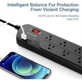 Surge Protector Power Strip, 10 Outlets with 1 USB C and 2 USB Ports for Home, Office, Desk Charging Station, 6ft Extension Cord(1875W), 2100J us b