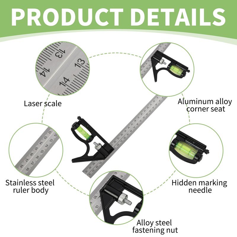 Premium 12.02"/305mm Stainless Steel Combination Square Tool with Built-In Bubble