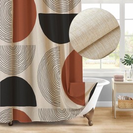 Jimuzi Boho Minimalistic Linen Shower Curtain Abstract Geometric Shapes Lines Fabric Shower Curtain Set with Hooks, Mid Century Modern Shower Curtains for Bathroom, 71x71 Bath Curtain