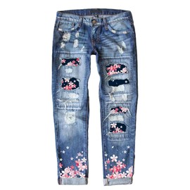 EVALESS Ripped Jeans for Women Boyfriend Distressed Patchwork Print Democracy Mom Jeans 2025 Fashion Wide Leg Losse Baggy Bootcut Flower Denim Pants with Hole Blue Medium