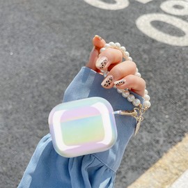 Glitter Laser Case for AirPods 3 (2021) with Pearl Wrist Chain Keychain,Colorful Bling Rainbow Design for Airpods 3rd Generation Protective Case for Women Girls Soft TPU Shock Proof-Pearl White