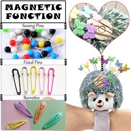 Cute Hedgehog Wrist Pin Cushion for Sewing with Magnetic, Snap Bracelet Wrist Bands for Pins and Needles Include 50 Lovely Butterfly Straight Pins.