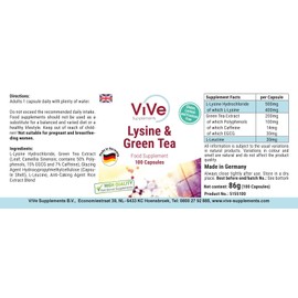 L-Lysine & Green Tea Extract - 100 Vegan Capsules, 400 mg / 200 mg, Polyphenols and EGCG, Large Pack for 100 Days, Quality from Germany ViVe Supplements