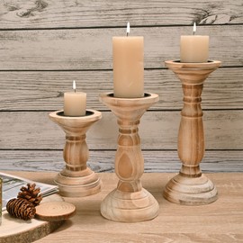 Yorkmills Pillar Candle Holder Set of 3, Farmhouse Decor Living Room Tall Candle Holders for Pillar Candles, Wood Candle Holders for Table Centerpieces Tan Home Decor Kitchen Dining Room Table Decor