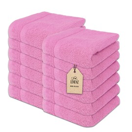 Lenenz Soft Wash Cloths - 12 Pack Plush and Absorbent Cotton Washcloths for Face, Body, and Baby - Multi-Purpose, Quick-Dry Wash Cloths Set 13x13'' (Pink)