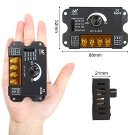 RGBZONE LED Dimmer, Frequency Adjustable, DC 5V/12V/24V 30A PWM Dimming Controller, Single Channel for 5050 3538 5630 Single Color Light Ribbon, Metal Shell LED Dimmer-No Light Flicker