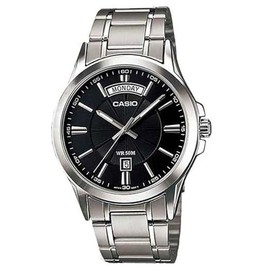 Casio MTP1381D-1A Analog Silver Strap Unisex Adult Watch, Black Dial, 46.6 × 39.9 × 8.9 mm