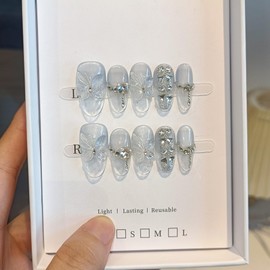 TENPAL Cat Eye Press on Nails 10Pcs Full Kit - Short Oval Icy Ocean Gradient False Nails, 3D Butterfly Rhinestone Spring Summer Fake Nails, Ethereal Glue on Nails for Girls Glitter Shimmer Design(S)