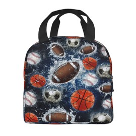 Sports Balls Lunch Box Basketball Baseball Football Soccer Insulated Lunch Bag for Kids Women Men Reusable Cooler Tote Bag with Front Pocket for Girls Boys Students School Picnic Travel Office