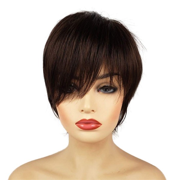 Lydell Womens Short Wigs Straight Heat Resistant Synthetic Wigs with Asymmetrical Side Bangs for Women Girls Maroon Chestnut
