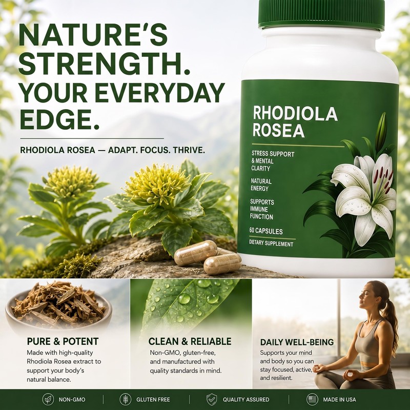 Rhodiola Rosea Organic Supplement—Adapted Herbal Formula Helps Relieve Stress, Improve