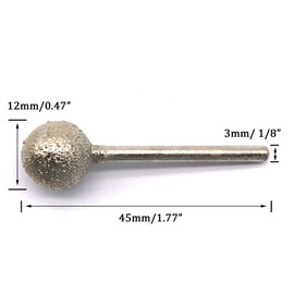 10Pcs Diamond Mounted Point, 12mm Ball Head, 3mm Shank, Diamond Grinding Bit Rotary Burrs, for Jade Stone Jewelry Ceramic Carving Polishing
