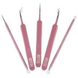 Professional Blackhead Remover Tool Set, 5-Piece Stainless Steel Kit, Pink