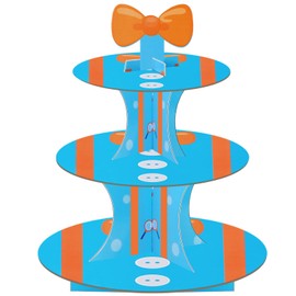 Lukinuo - Soporte para cupcakes con lazo amarillo azul y naranja, soporte para tartas de 3 niveles, diseño de dibujos animados, profesores, fiestas, postres, decoración de fiesta de cumpleaños