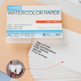 MEEDEN Watercolor Paper Block, 100% Cotton Watercolor Paper Pad of 20 Sheets, 140lb/300gsm, Acid-Free Art Paper for Watercolor, Gouache, Ink and More, 9" x 12" Hot Press