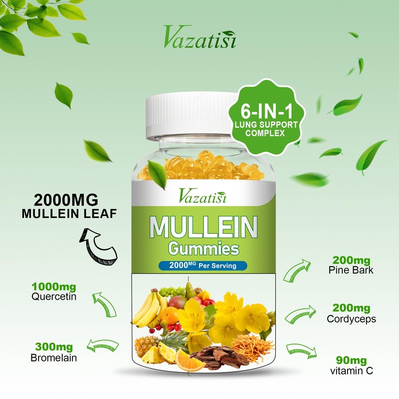 Vazatisi Mullein Gummies, Mullein Leaf Extract with Bromelain, Quercetin, Pine