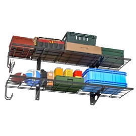 EVERHANGER Garage Wall Shelves, 12 X 48 Inch Wall Mounted Storage Shelves, Heavy Duty Metal Wall Shelving with Hooks, 2 Pack, Black