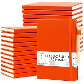 feela 24 Pack Journal Notebook for Work, Business Notebook Bulk Hardcover Lined Writing Journal with Pen Holder for Men Women Note Taking, with 24 Black Pens, 120 GSM, 5.1”x8.3”, A5, Orange
