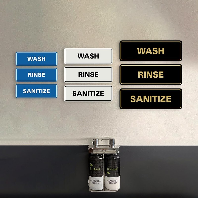 Señal de lavado estándar SANITIZE (paquete de 3), Brushed Silver,