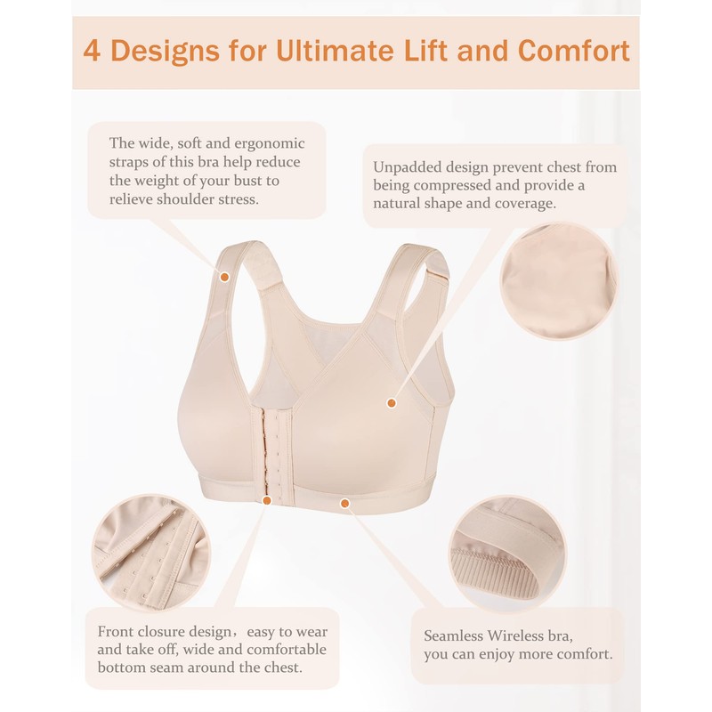 DotVol Women's Front Closure Bra Back Support Posture Correction Bra