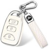 QBUC for Hyundai Key Fob Cover with Keychain，Compatible with Hyundai Elantra Sonata Accent Tucson Kia Forte Optima Rondo Sorento Spectra Genesis 4 Buttons Old Smart Key (White, Silver Edge)
