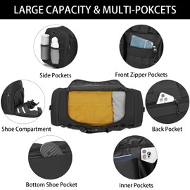 Tactical Gym Bag for Men,Carry On Duffel Bag with Shoe Compartment Gym Duffle bags for Travel Military Duffle Bags with Molle System for Weekend Overnight bag Women Black