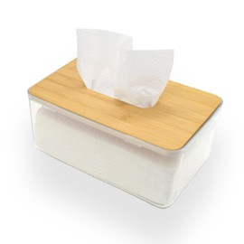 ieron Acrylic Tissue Box, Modern Transparent Dispenser Box with Bamboo Wood Lid, Cosmetic Tissue Dispenser for Bathroom, Bedroom, Living Room (Large)